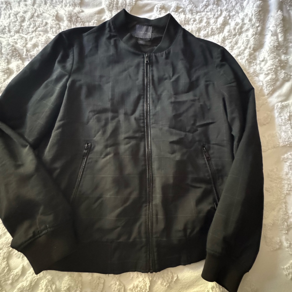 Zara Man Bomber Jacket Zip Front Navy Check XL Cloth Fabric Front Pockets